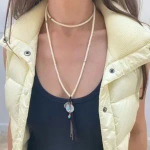 Chan Luu White Beaded Shell Wraparound Necklace with Solver Pendant & Medallion